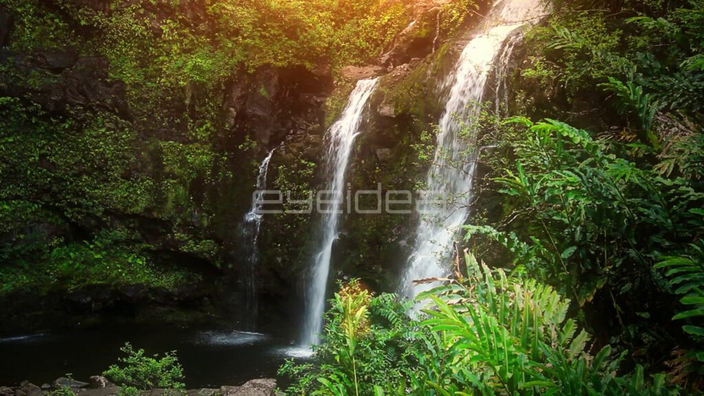 Twin Waterfalls in Jungle with Warm Sunlight from Above
