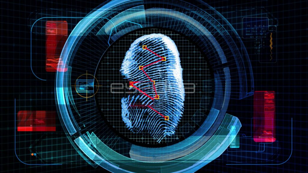 Fingerprint Scan in Blue Circular HUD with Red Match Points