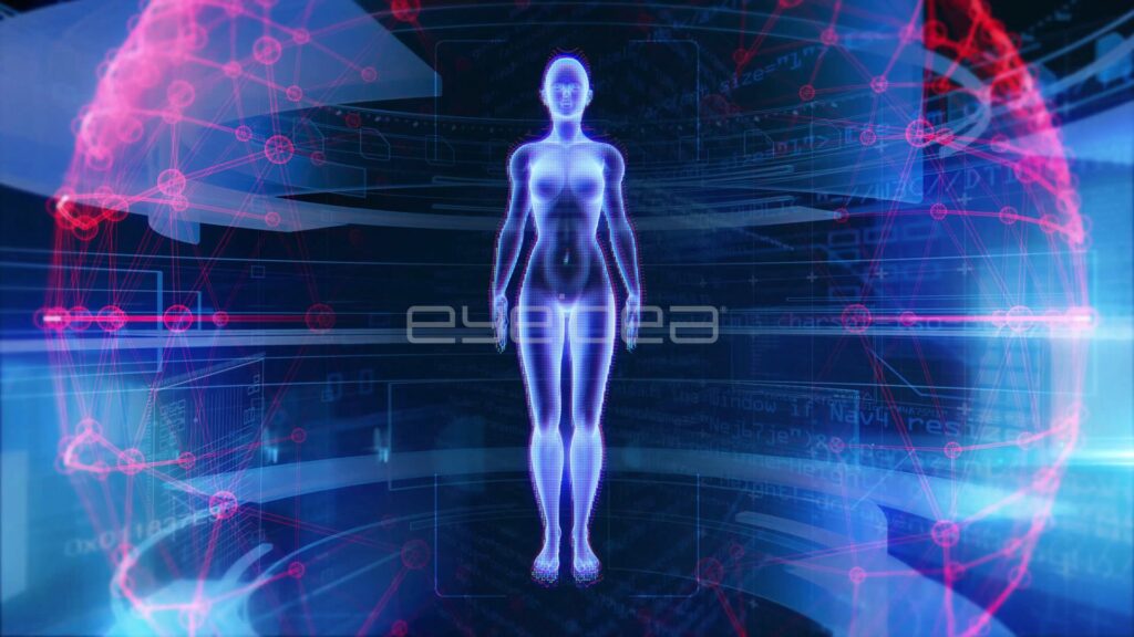Single Female Hologram Inside Red and Blue Data Sphere