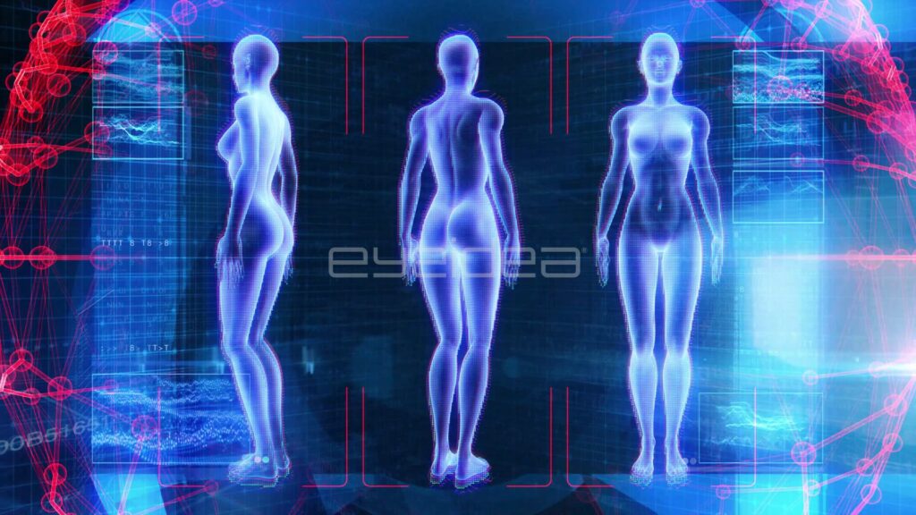Three Female Holograms in Side, Back and Front Views