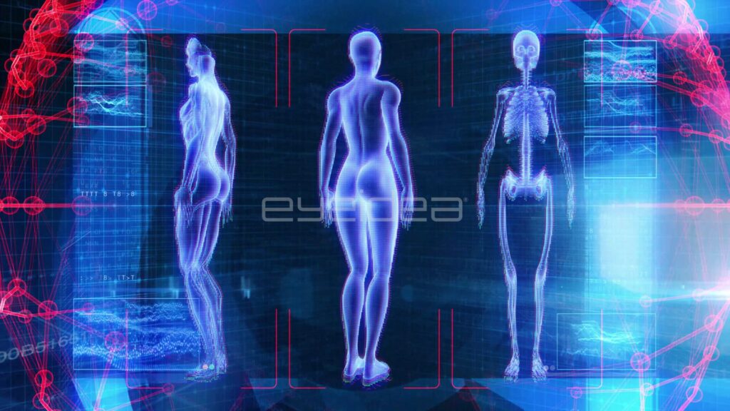 Female Hologram Turning from Muscle View to Skeleton