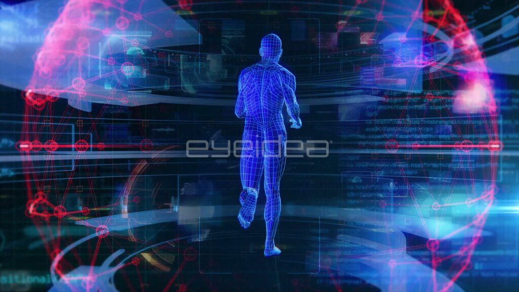 Blue Wireframe Man Running Through Red Data Sphere