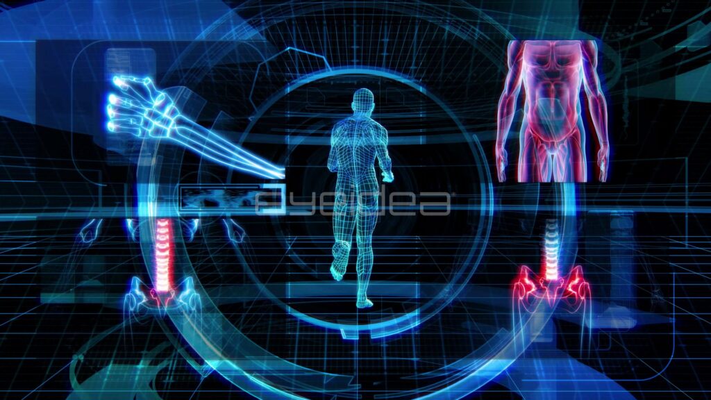 Cyan Hologram Runner in Circular HUD with Bone Scans