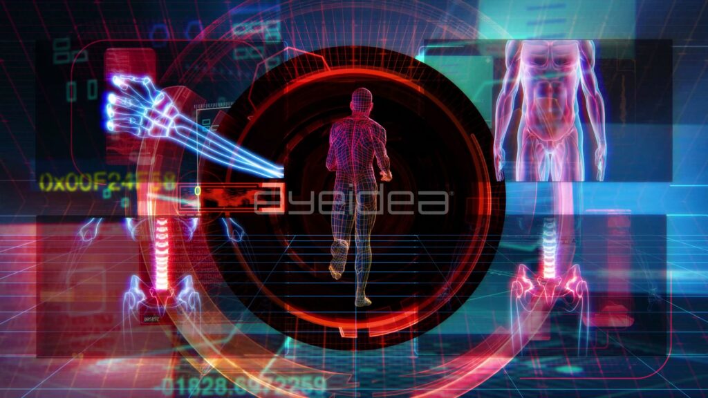 Red Hologram Runner in Circular HUD with Bone Scans