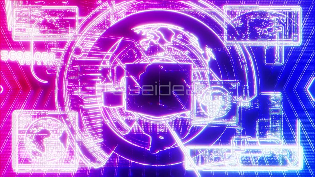 Neon Globe and HUD Panels in Pink and Blue