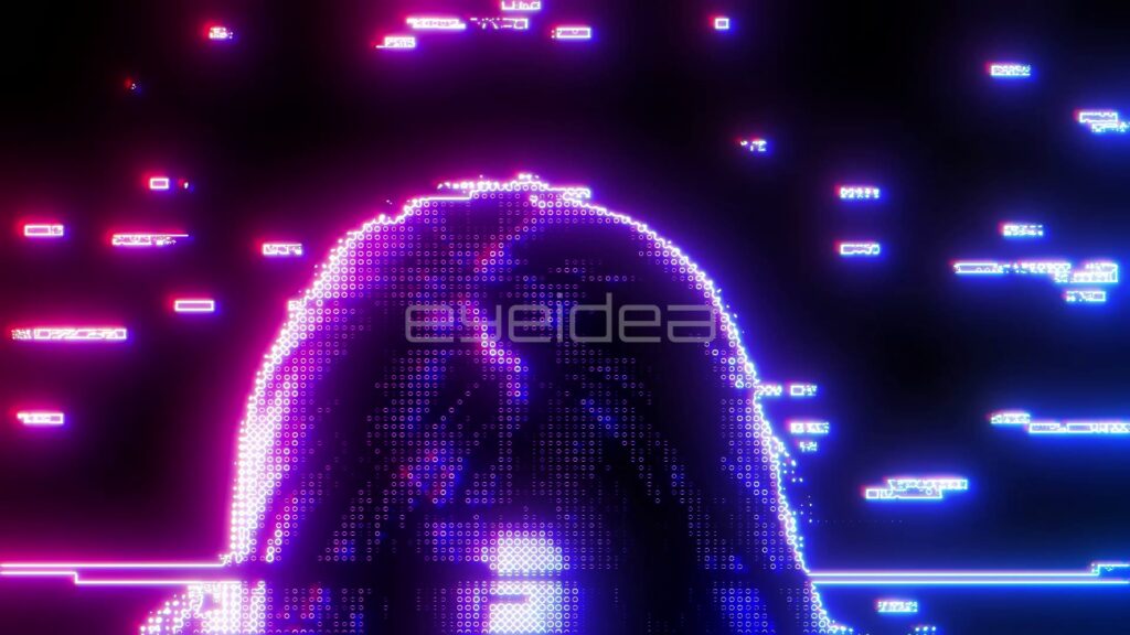 Pixelated Neon Portrait of a Woman with Glitch Lines