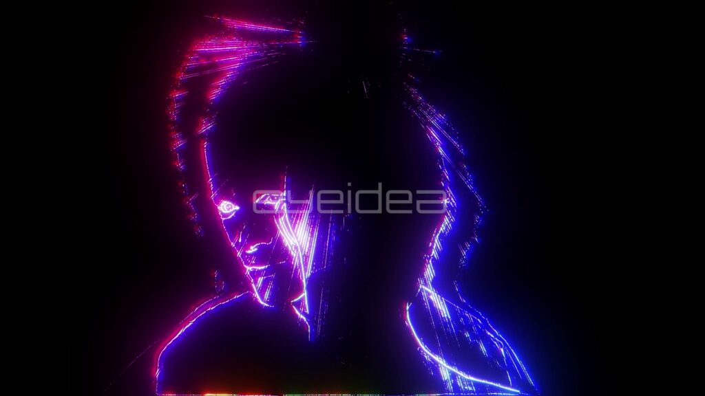 Neon Silhouette of Human Figures in Blue and Pink