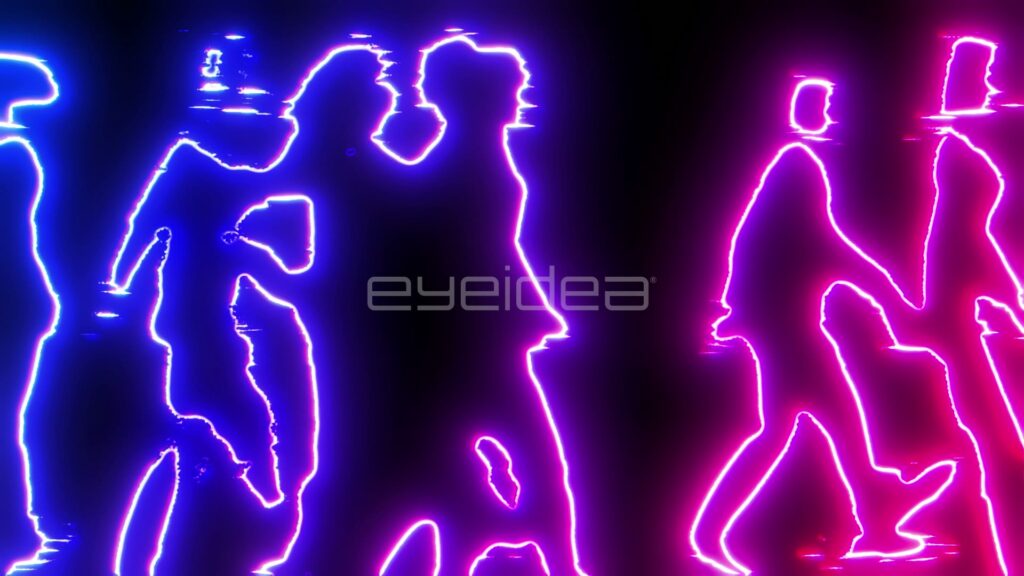 Neon Outlines of Dancing People in Pink and Blue