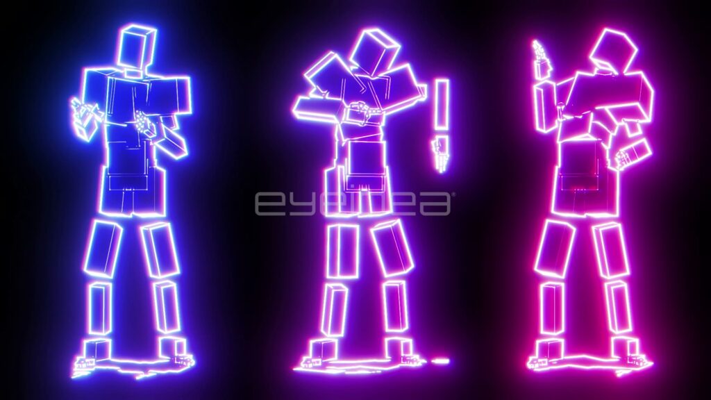 Three Blocky Neon Figures Dancing in Pink and Blue