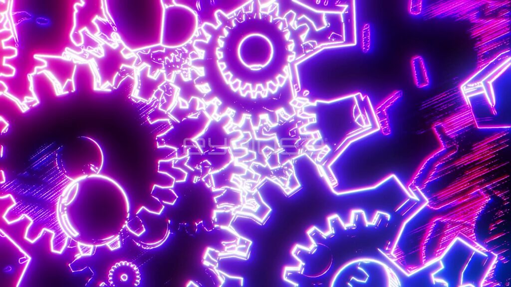 Neon Pink and Blue Glowing Gears in Abstract Motion