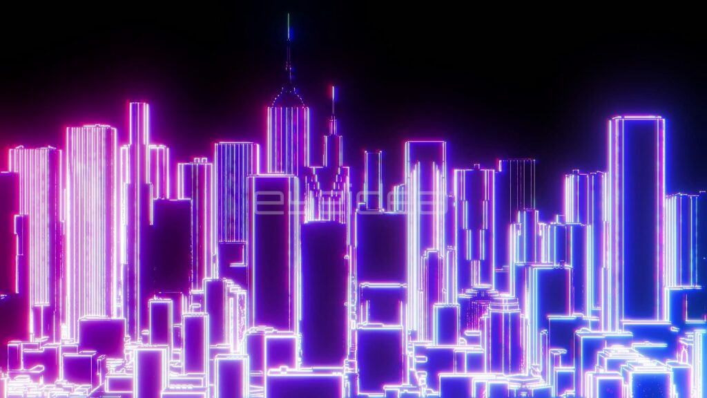 Neon Pink and Blue Wireframe Cityscape with Slow Zoom