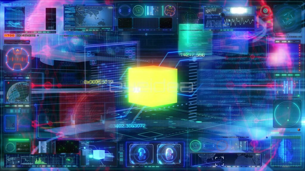 HUD Dashboard Around a Glowing Yellow Data Cube