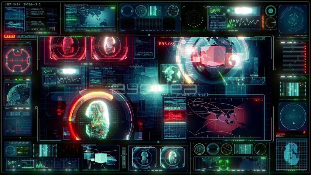 HUD Dashboard with Fingerprint Scan and World Map Panels