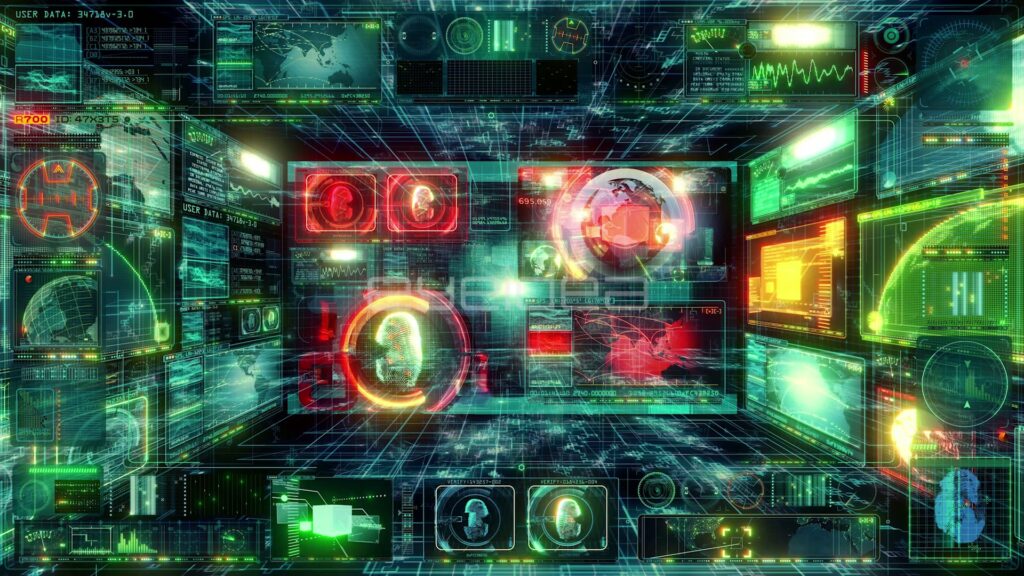 Room of Glowing HUD Screens in Green, Red and Cyan