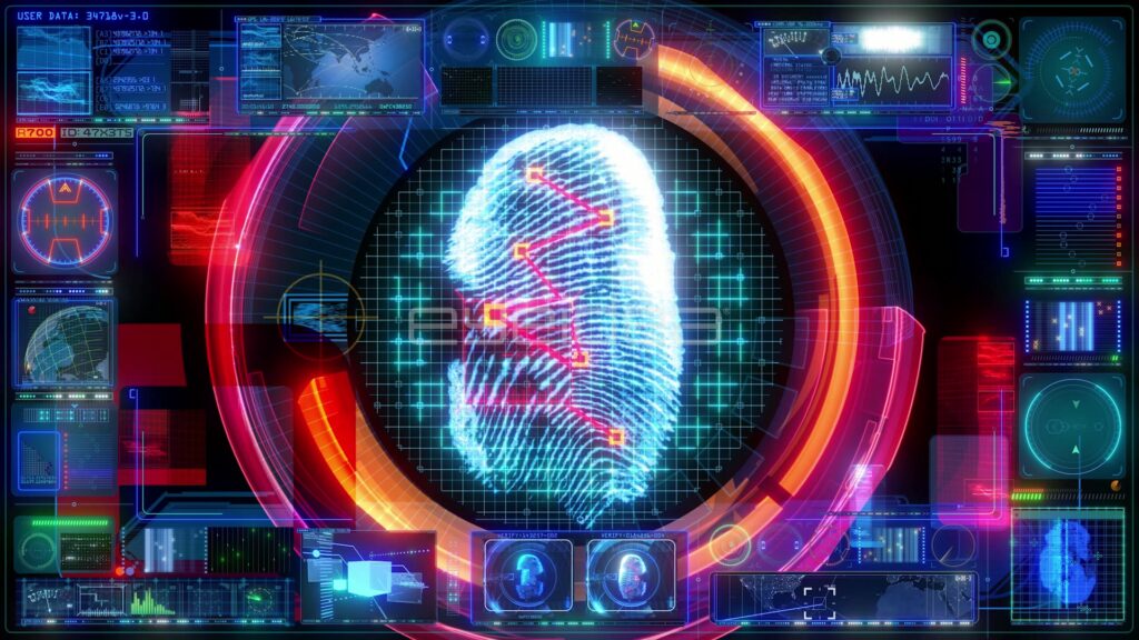 Large Fingerprint Scan Inside Red and Blue HUD Rings