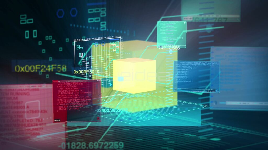 Floating Data Panels and Yellow Cube with Hex Code Readouts