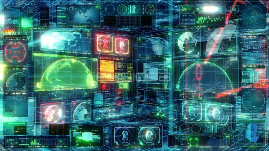 Fly-Through of a Teal Data Cube Lined with Green Globe Screens