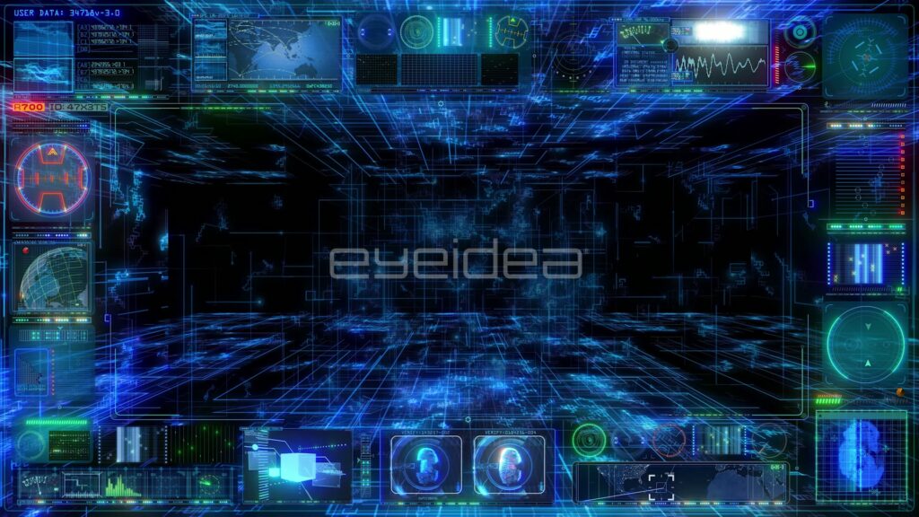 Empty Blue Wireframe Grid Room Inside a HUD Frame