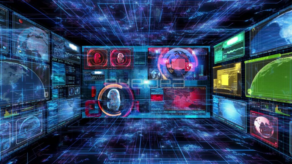Virtual Room of Floating Data Screens Around a Fingerprint Panel
