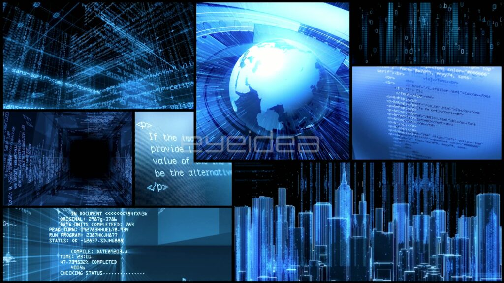 Blue Technology Montage of Spinning Globe, HTML Code and Wireframe City