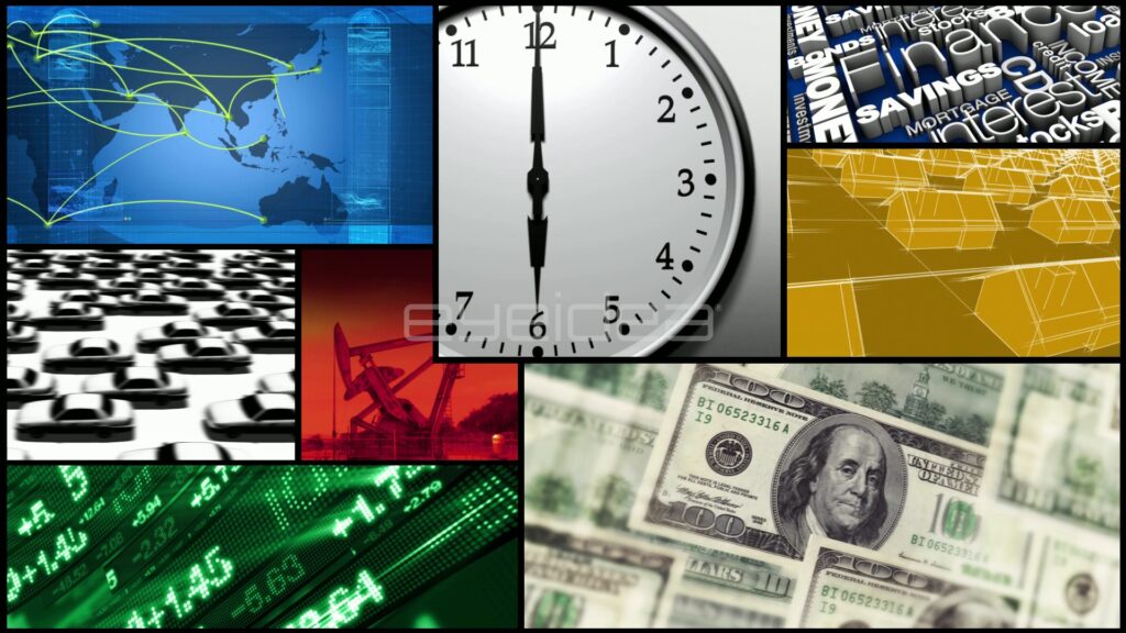 Business and Finance Split-Screen Montage of Maps, Clock and Dollar Bills