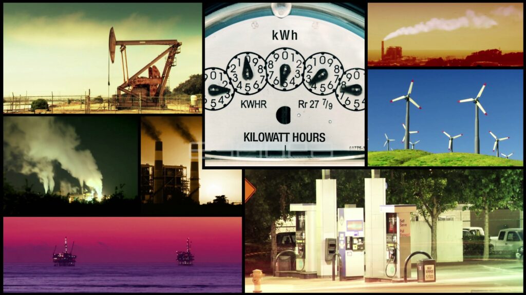 Energy Split-Screen Montage of Pump Jack, Power Meter and Wind Turbines