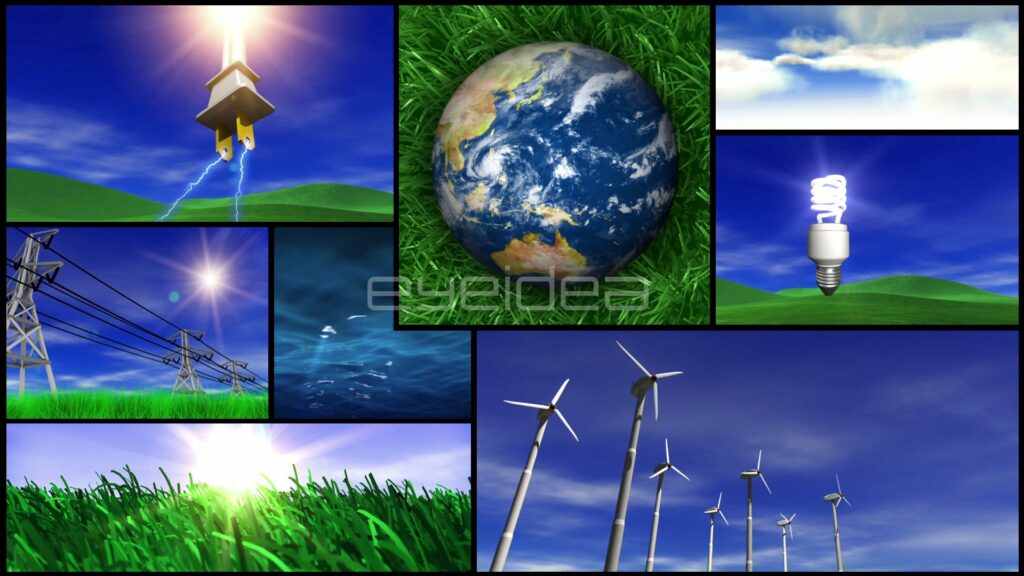 Green Energy Montage with Earth in Grass, Wind Turbines and a Light Bulb