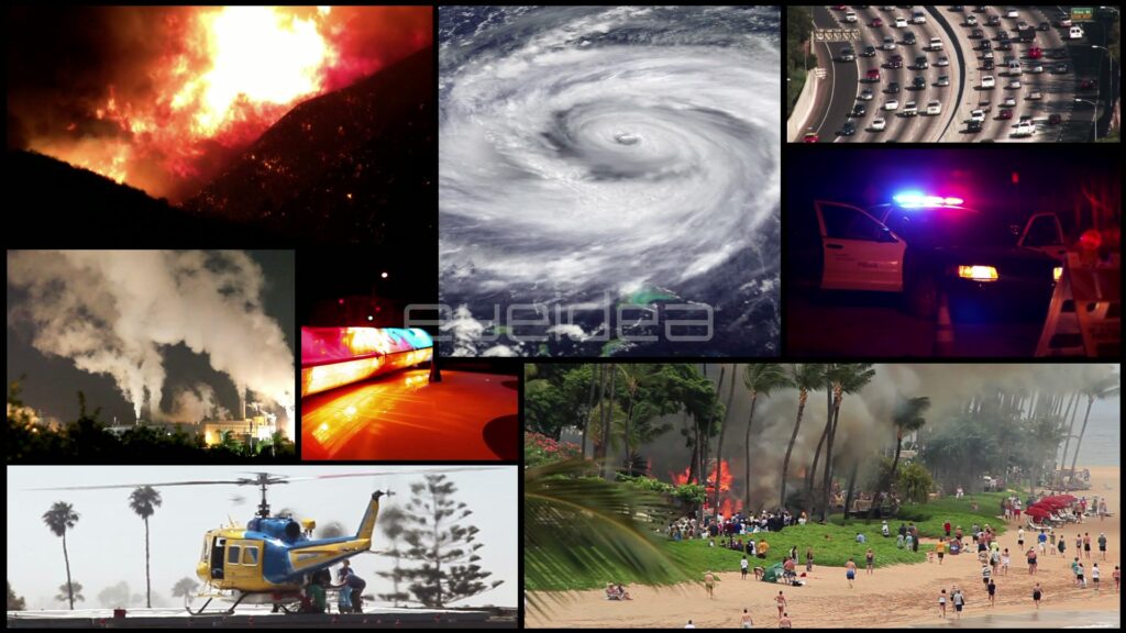 News Events Split-Screen Montage of Wildfire, Hurricane and Police Lights