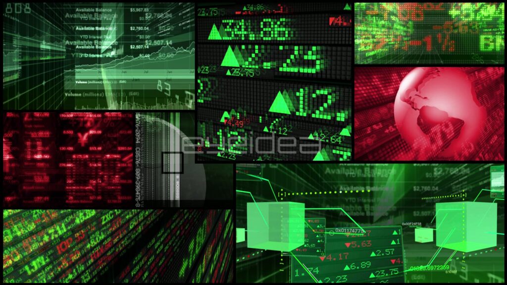 Stock Market Split-Screen Montage of Green Tickers and a Red Globe