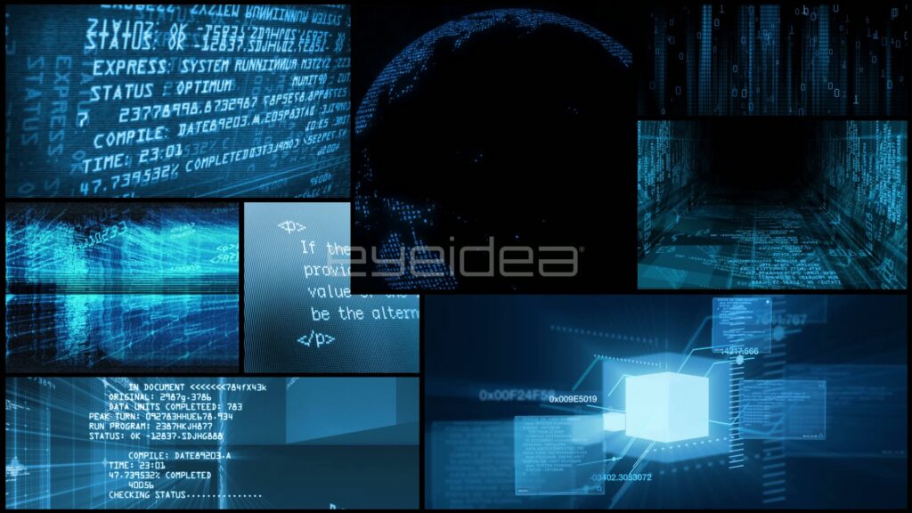 Dark Blue Tech Montage of System Code, Night Globe and Glowing Cube