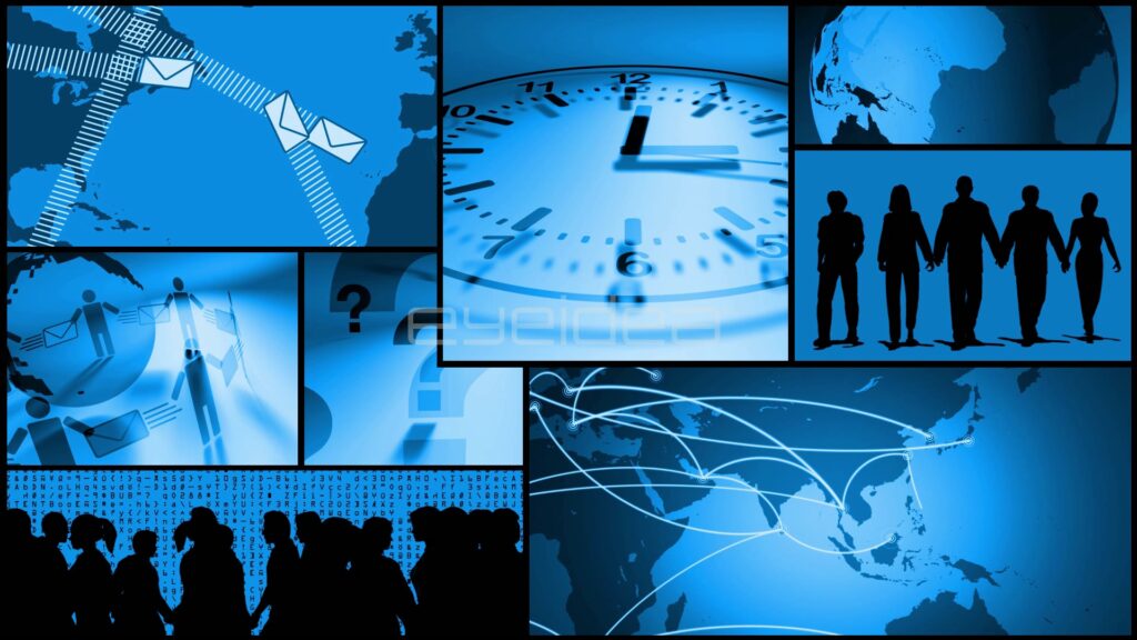 Global Communication Montage of Silhouetted People, Clocks and Envelopes