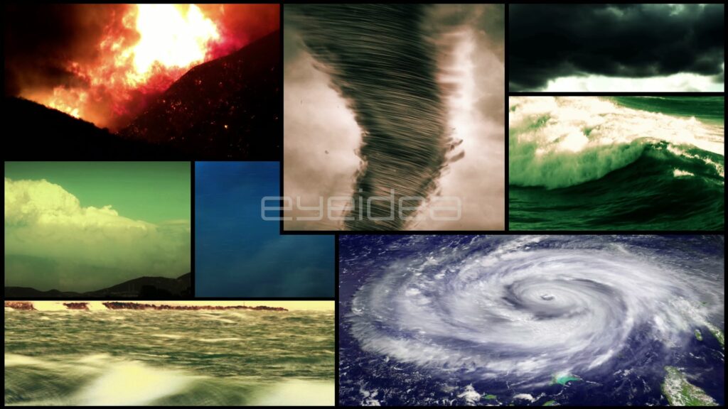Extreme Weather Split-Screen Montage of Tornado, Wildfire and Hurricane