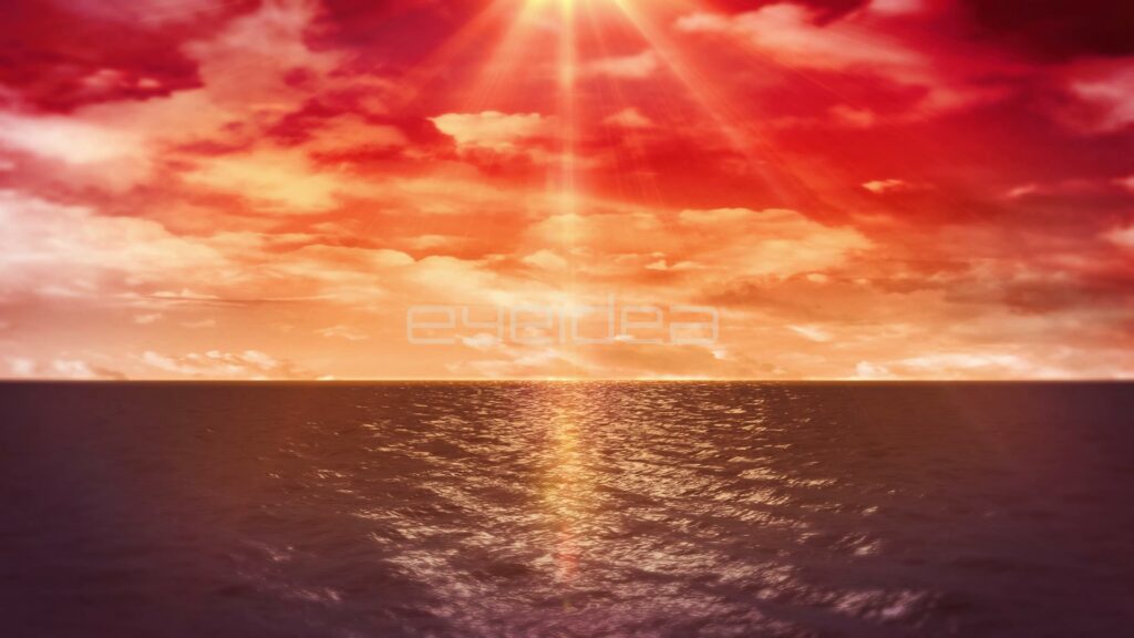 Sunlight Piercing Through Red Clouds Over Open Sea