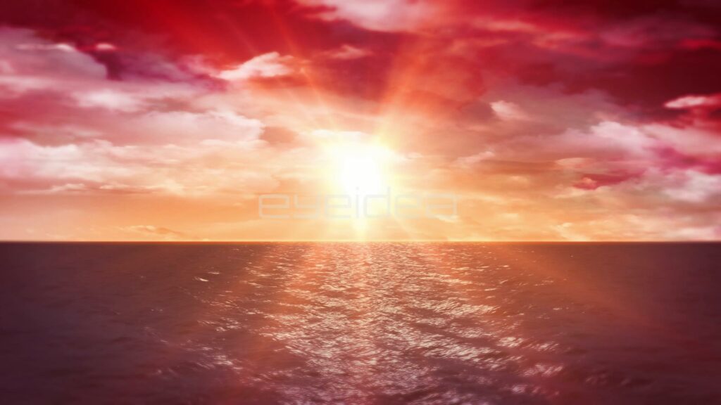 Sun Flare Sinking Toward the Sea Under Crimson Clouds