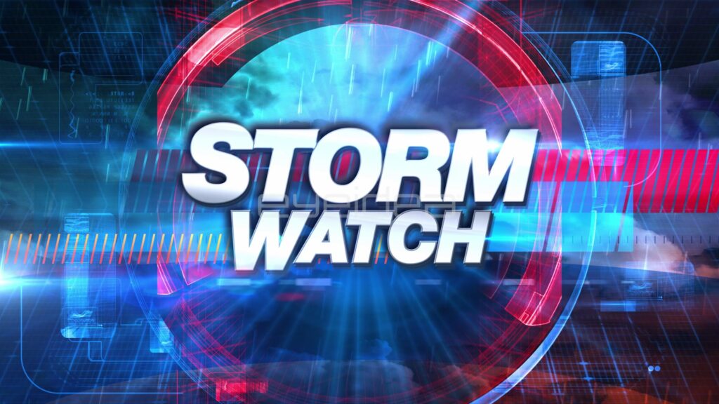 STORM WATCH Weather Broadcast Title in Red and Blue