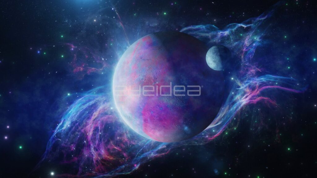 Exoplanet and Small Moon Drifting Through Blue and Purple Nebula