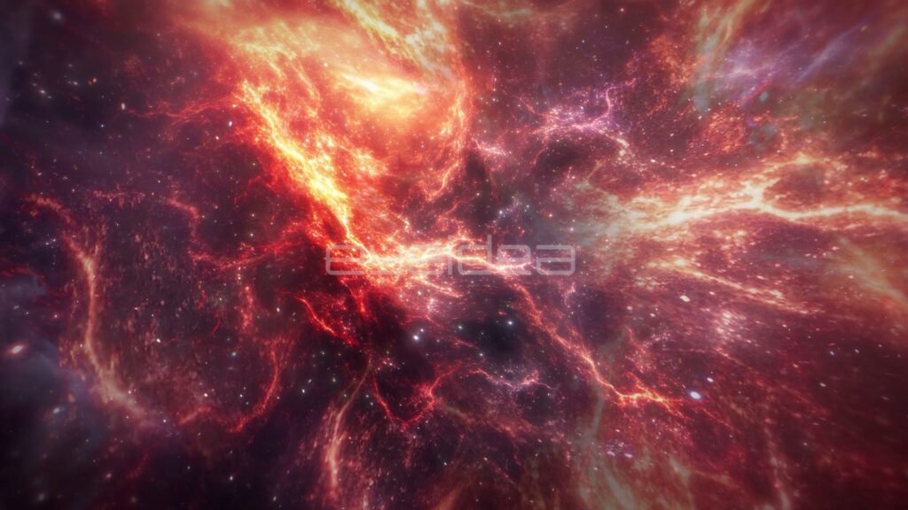 Red and Orange Nebula Filaments Crackling Through a Star Field