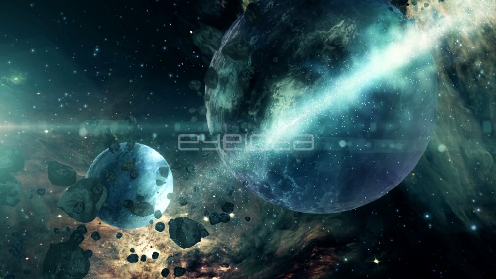 Planets and Asteroid Field Beside a Teal Cosmic Stream