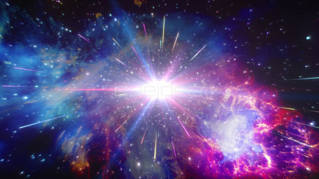 Bright Star Burst with Light Streaks Through Purple Nebula