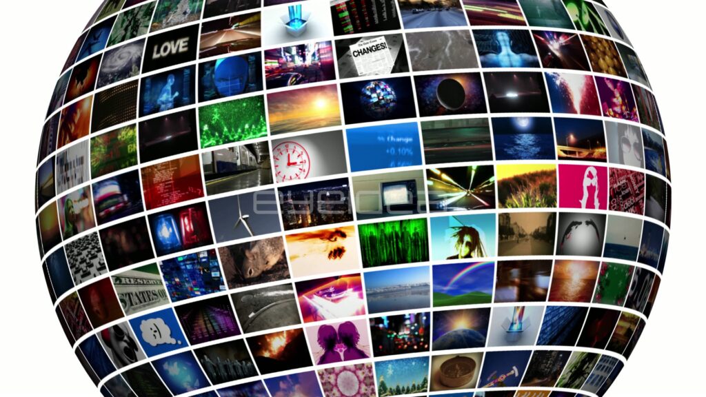 Rotating Video Sphere of Media Thumbnails on White