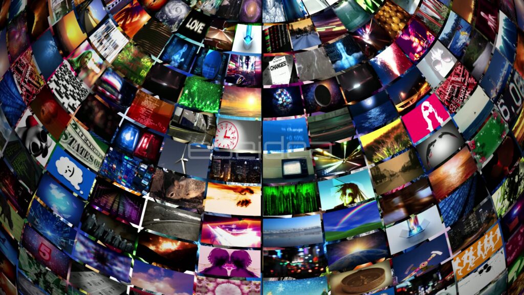 Close-Up of Media Thumbnails Curving Around a Video Sphere