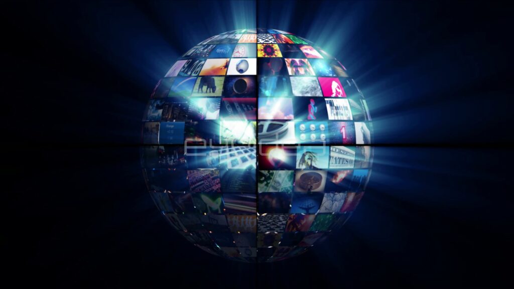 Glowing Video Sphere with Blue Light Rays on Dark Background