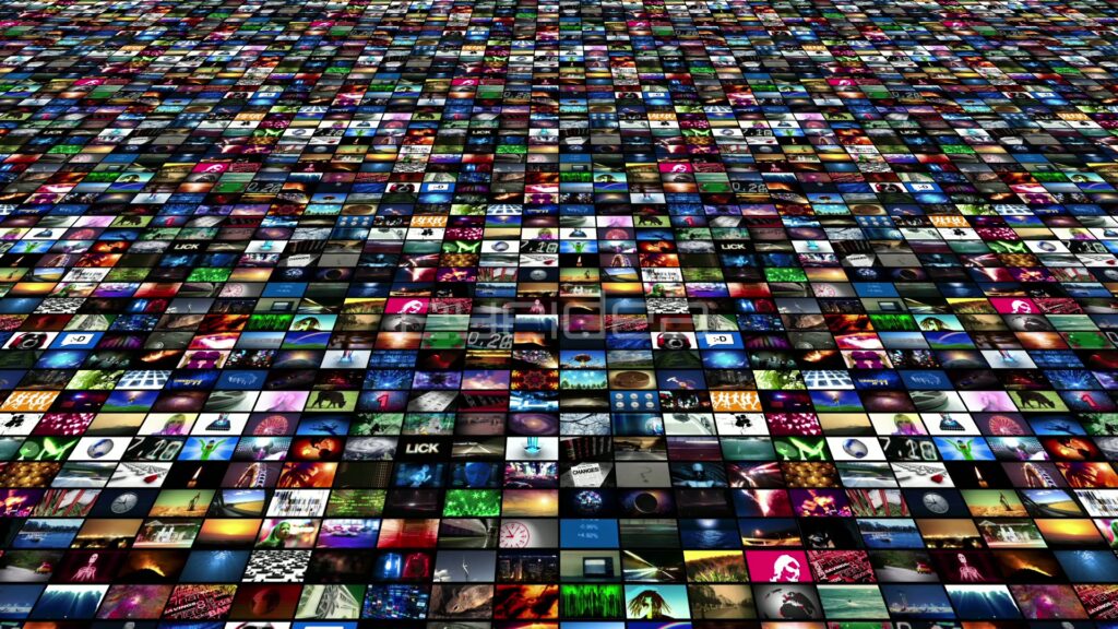 Endless Field of Video Screens Receding to the Horizon