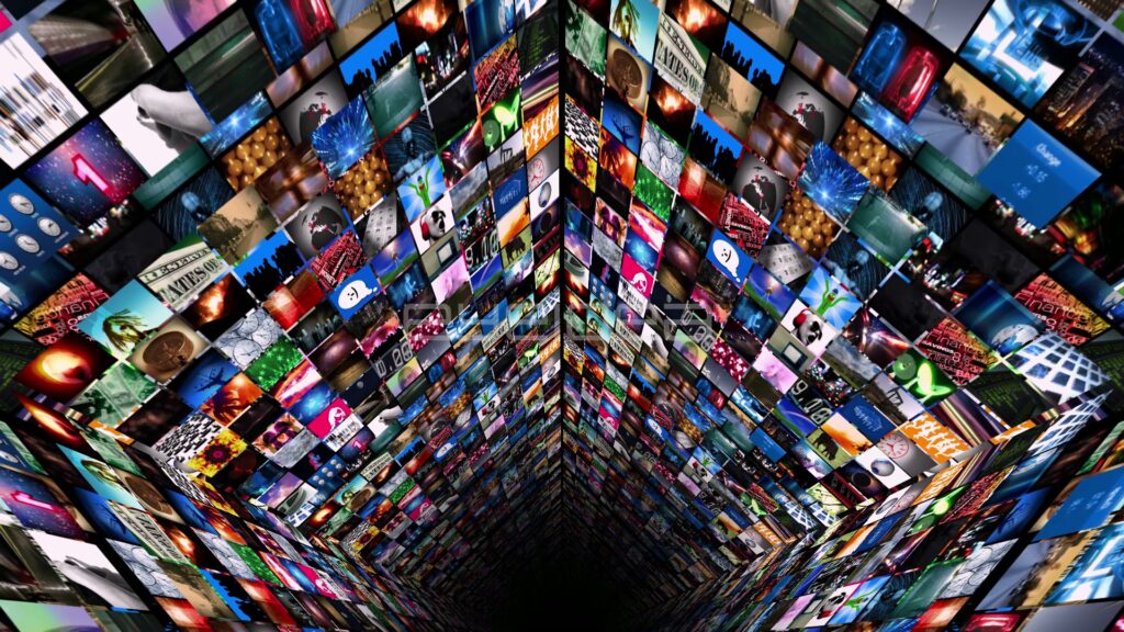 Split Tunnel of Media Screens Converging to a Vanishing Point