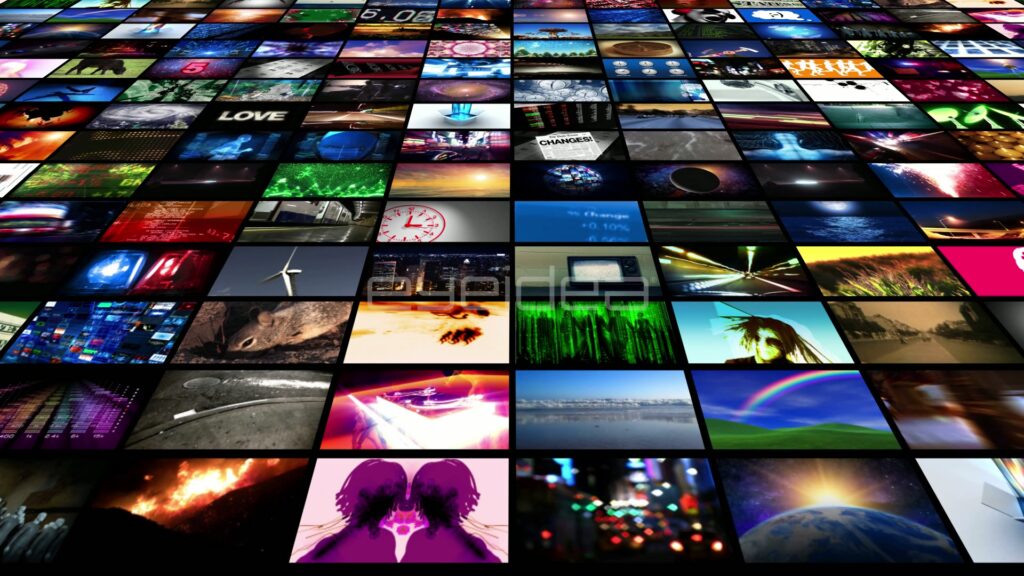 Wide Tilted Grid of Video Screens Stretching into the Distance