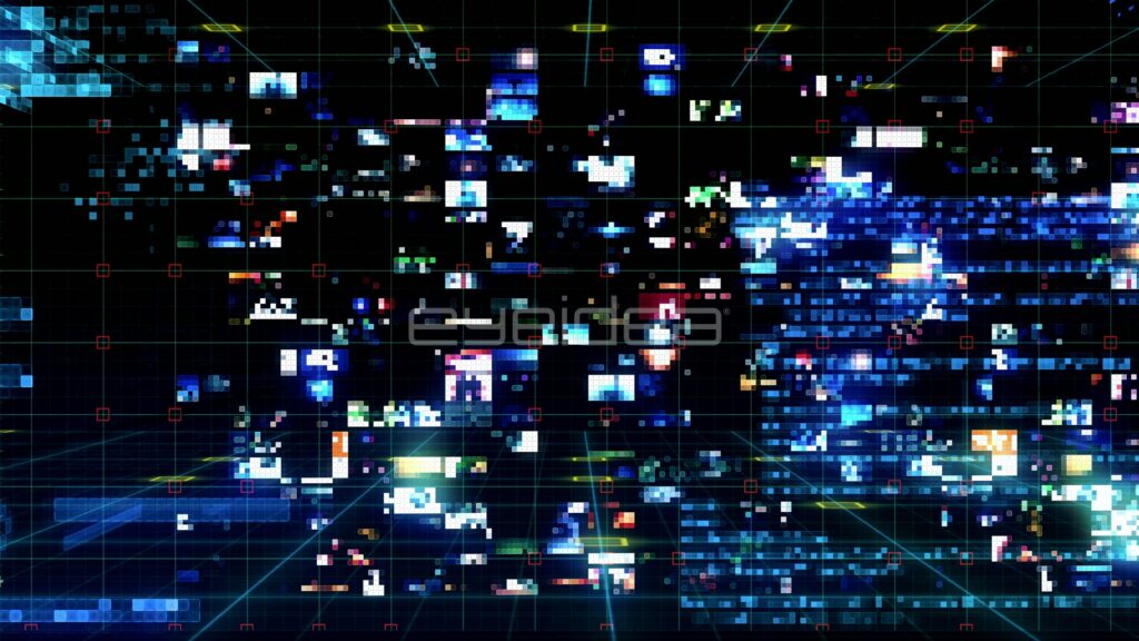 Scattered Video Thumbnails Drifting Across a Blue Matrix Grid