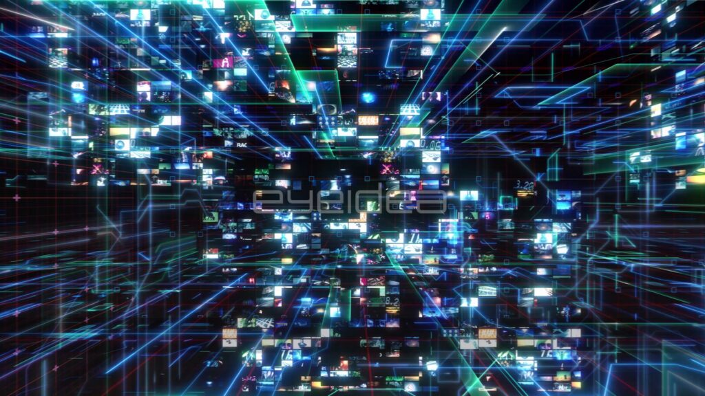 Media Matrix Tunnel with Green and Blue Light Lines