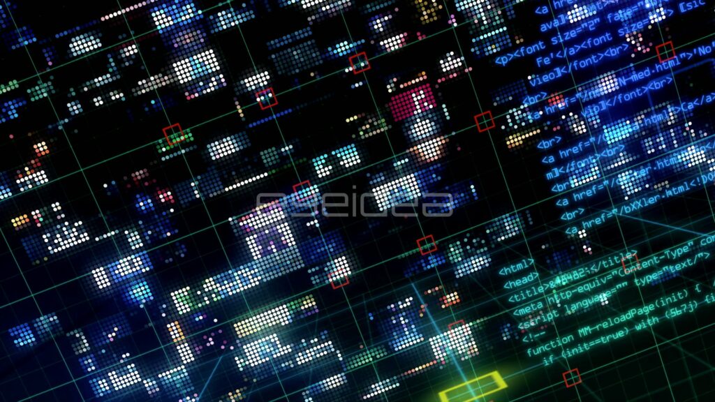 Pixel Video Tiles and Blue HTML Code in a Media Matrix
