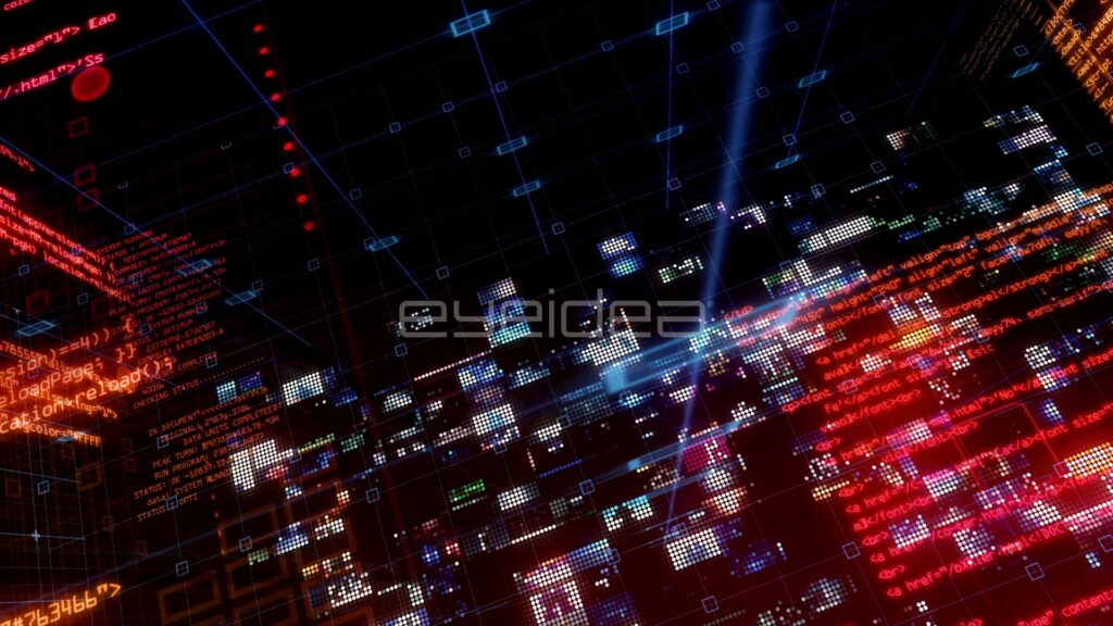 Red HTML Code and a Light Beam Across a Media Matrix