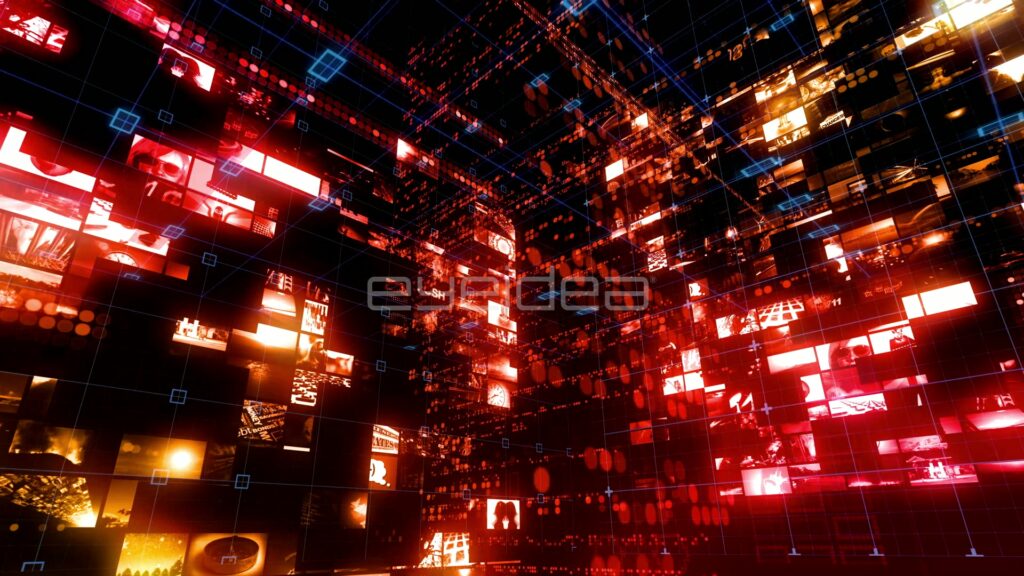 Red and Orange Media Matrix Room of Glowing Video Tiles